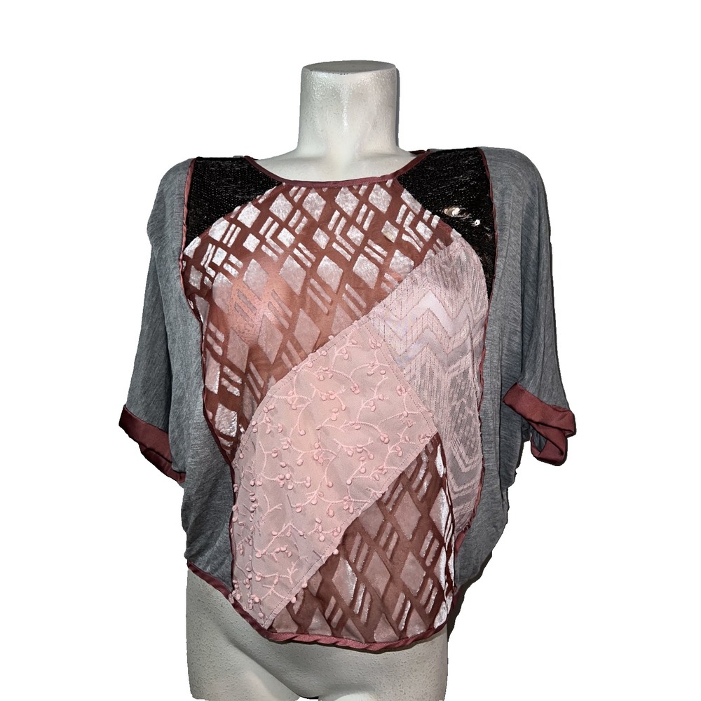 TINY Mixed Media Patchwork Dolman Top Grey Pink Sequin Velvet Burnout Boho XS